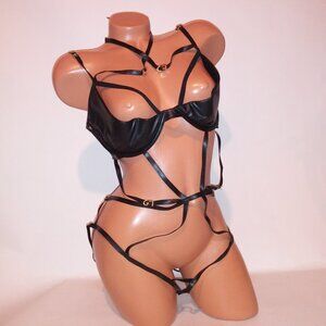 Victoria Secret Lingerie Teddy One Piece Bodysuit Black Faux Leather Strappy Bon
